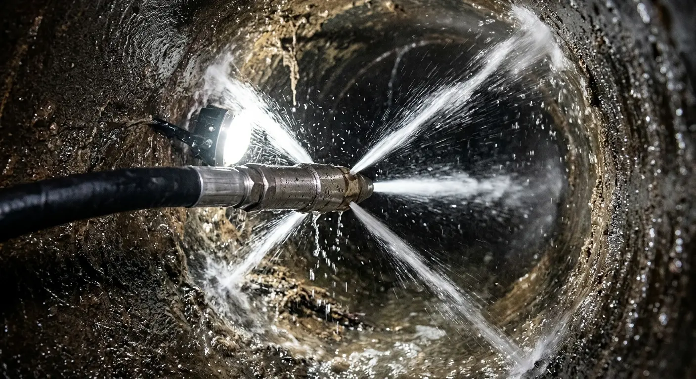 High-pressure hydro jetting nozzle cleaning sewer pipe for Sewer Cleanout in Davenport