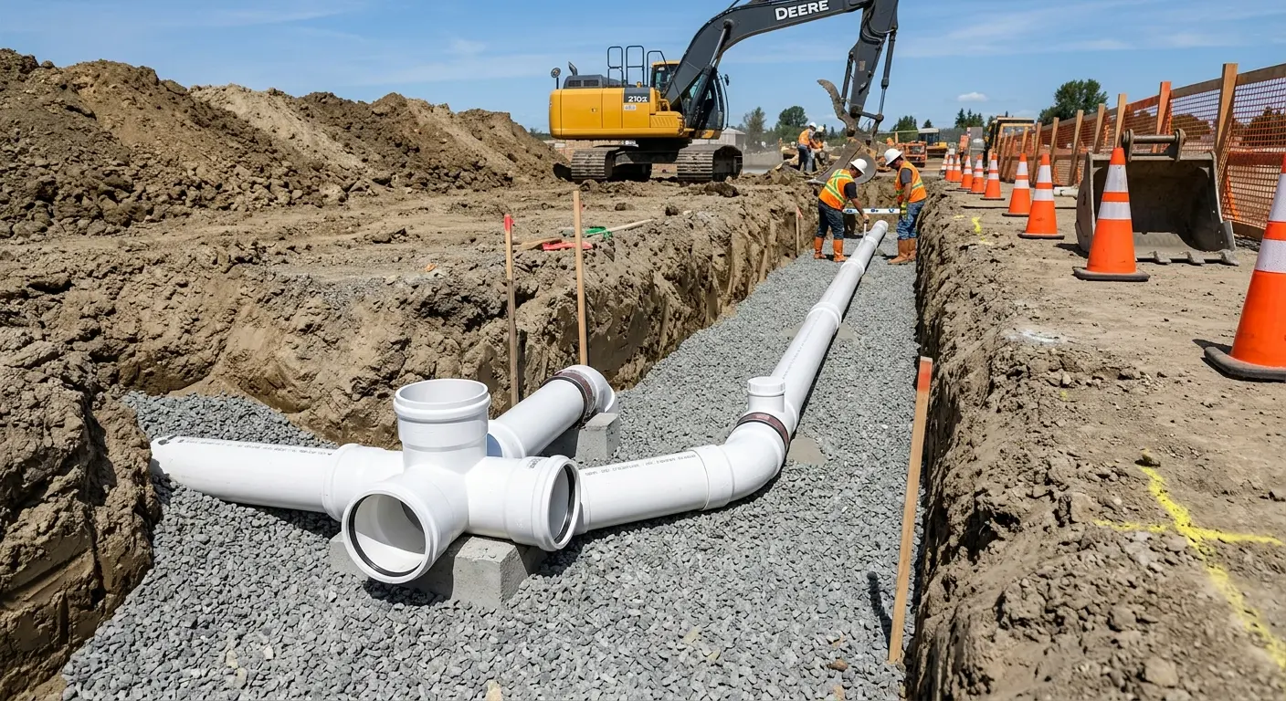 New PVC sewer pipe installation in open trench for Commercial Drain Cleaning in Davenport