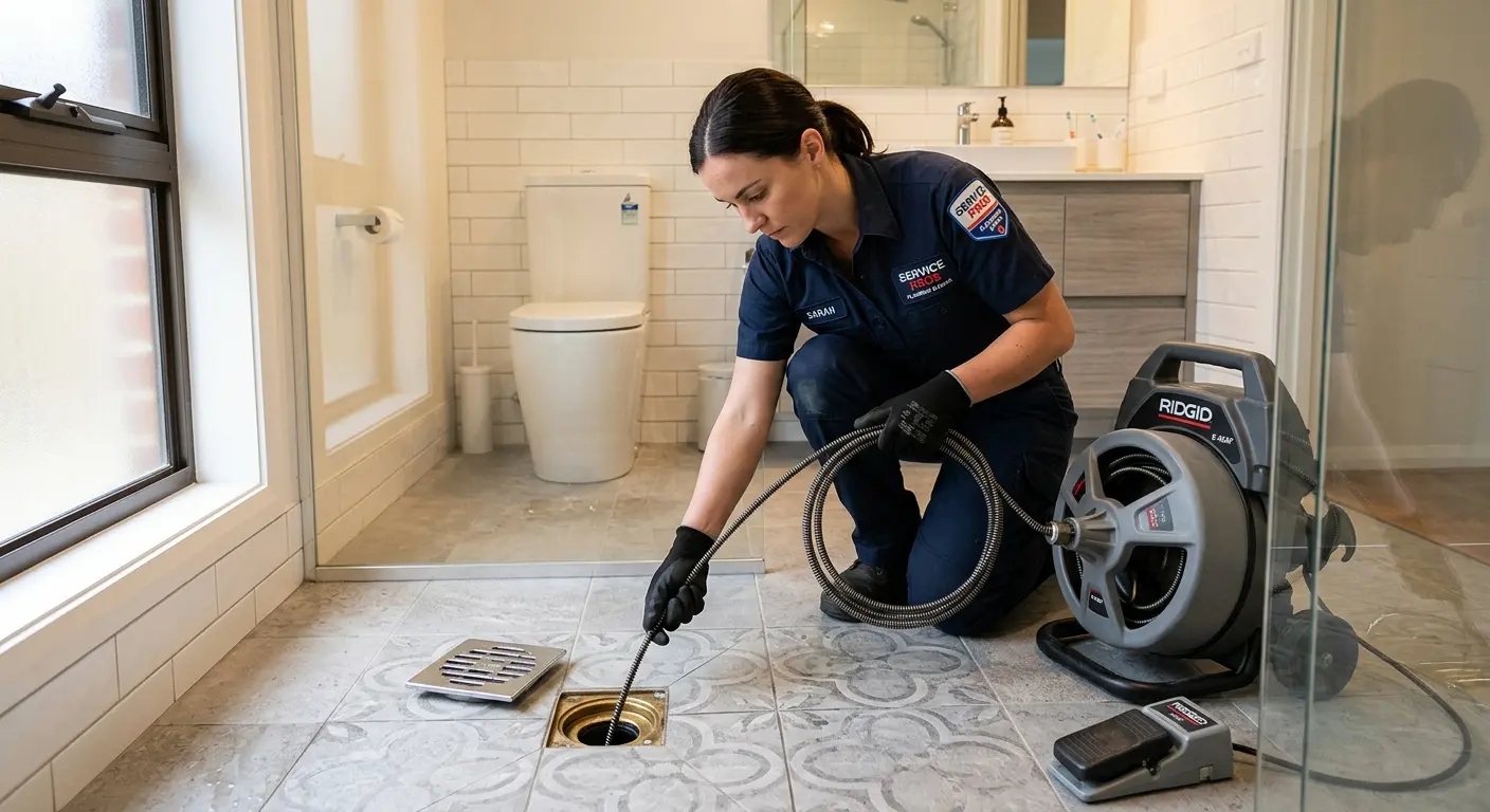 Technician clearing a bathroom floor drain for Sewer Line Replacement in Davenport